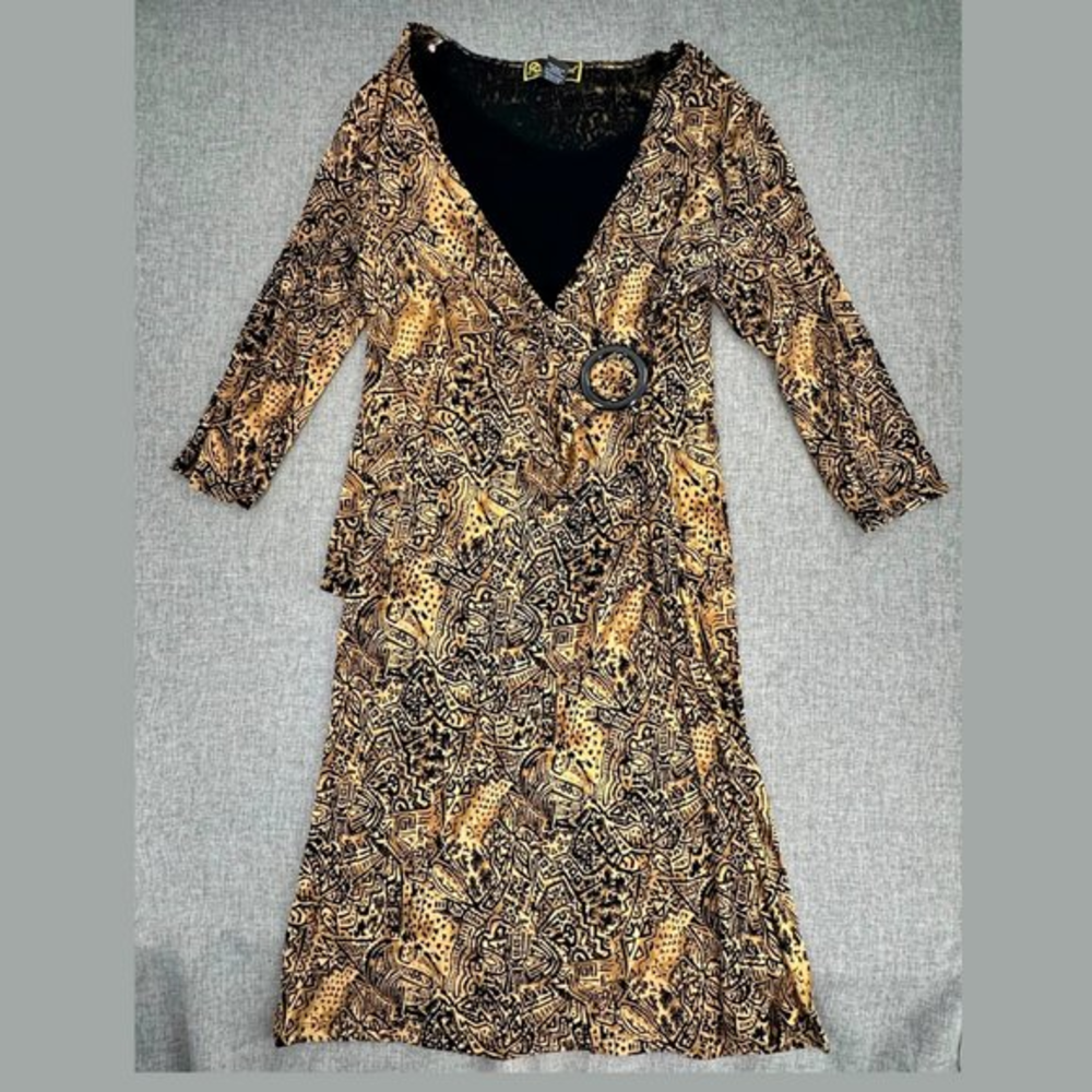 Vintage Marisol Midi Dress Large 96%‎ Acetate 4% Spandex Tan & Black Low V-Neck